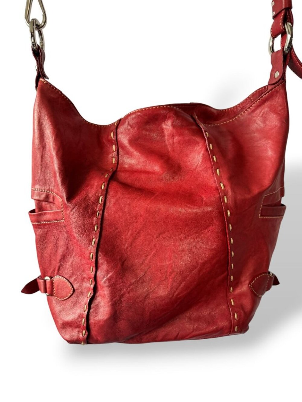 Nicoli Red Leather Shoulder Bag Adjustable Strap Soft Stitch Detail